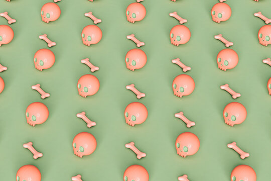 pattern of pink skulls and bone on green background