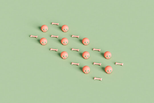pink skulls and bone on green background