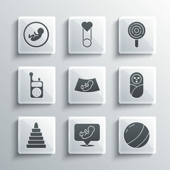 Set Baby, Beach ball, Newborn baby infant swaddled, Ultrasound of, Pyramid toy, Monitor Walkie Talkie, and Lollipop icon. Vector