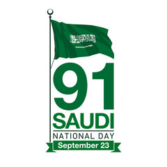 91 Saudi Arabia national day logo with green flag and state seal Emblem illustration banner. Coat of arms of Kingdom of Saudi Arabia 23 september 91 National day. KSA Celebration Card 2021 on white