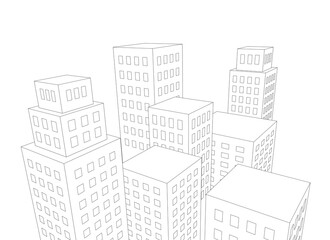 Fototapeta premium 3d perspective view from above of high-rise buildings, line drawing isolated on white background