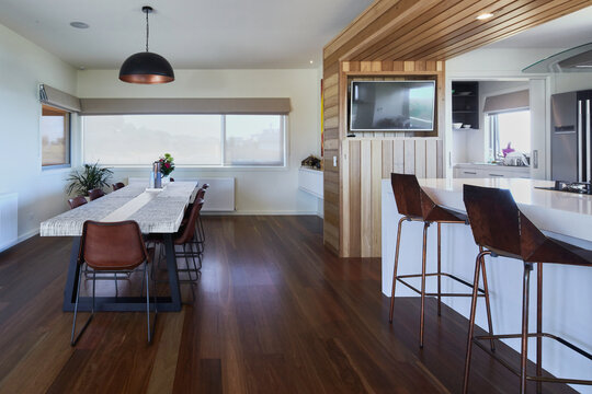 Modern kitchen with expansive dining room