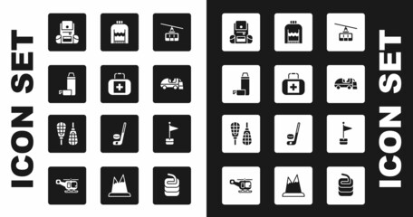 Set Cable car, First aid kit, Thermos container, Hiking backpack, Ice resurfacer, Christmas sweater, Location marker and Snowshoes icon. Vector