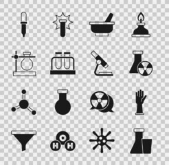 Set Test tube and flask, Medical rubber gloves, radiation, Mortar pestle, stand, Pipette and Microscope icon. Vector