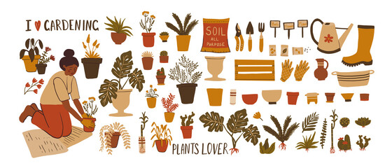 Collection of clipart with Hand drawn young black girl plants flowers in pots. Cute african woman transplants plants, doing gardening, preparation to spring.  Vector Home hobby, relaxation concept