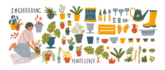 Fototapeta premium Collection of clipart with Hand drawn young girl plants flowers in pots. Cute woman transplants plants, doing gardening, preparation to spring. Home hobby, relaxation concept. Vector illustration