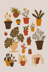 Collection of clipart with Hand drawn plants and flowers in pots. Cute card or poster with monstera, ficus, fern, succulent and cactus. Home hobby, relaxation concept. Flat Vector illustration