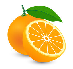 Fresh orange with orange slice with leaves isolated on white background. Vector fruit design.