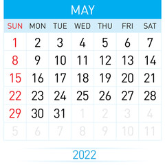 May Planner Calendar 2022. Illustration of Calendar in Simple and Clean Table Style for Template Design on White Background. Week Starts on Sunday