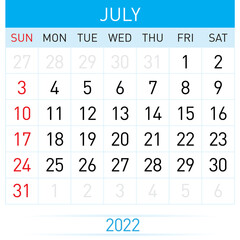 July Planner Calendar 2022. Illustration of Calendar in Simple and Clean Table Style for Template Design on White Background. Week Starts on Sunday