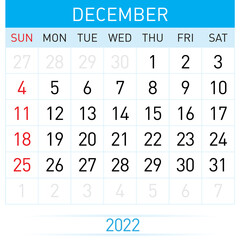 December Planner Calendar 2022. Illustration of Calendar in Simple and Clean Table Style for Template Design on White Background. Week Starts on Sunday