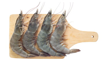 pacific white shrimp on a wooden cutting board isolated on white background.