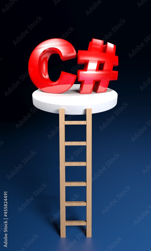 Poster ladder to reach c sharp on flying platform - 3d rendering illustration