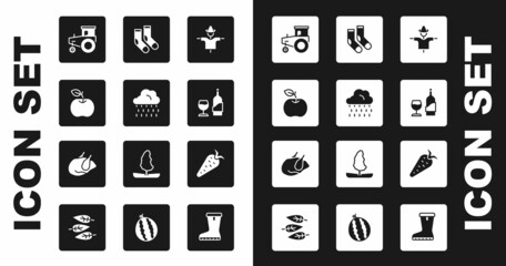 Set Scarecrow, Cloud with rain, Apple, Tractor, Wine bottle glass, Socks, Carrot and Roasted turkey chicken icon. Vector