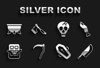 Fototapeta premium Set Scythe, Zombie finger, Knife, Coffin with cross, Chocolate bar, Skull, Halloween witch cauldron and Wooden axe icon. Vector