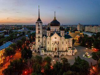 Fototapeta premium Night summer Voronezh, Annunciation Cathedral, aerial drone view