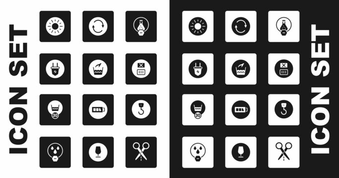 Set Test Tube And Flask, Hand Wash Laundry, Electric Plug, Sun, Temperature, Recycle Symbol, Industrial Hook And Icon. Vector