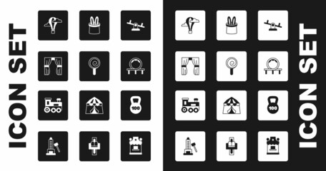 Set Seesaw, Lollipop, Circus curtain raises, Hot air balloon, Roller coaster, Magician hat and rabbit ears, Weight and Toy train icon. Vector