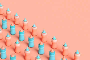 pink and blue Baby bottles with copy space on the right