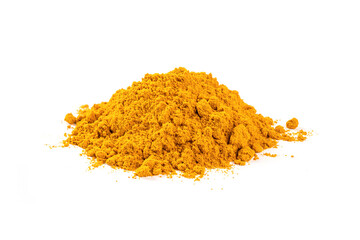 Pile of turmeric powder isolated on white background. Tropical exotic herb ,Healthy food