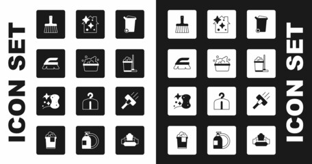 Set Trash can, Basin with soap suds, Brush for cleaning, Handle broom, Mop bucket, Home service, Vacuum cleaner and Sponge icon. Vector