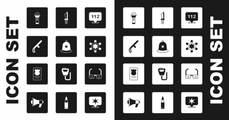 Set Telephone call 112, British police helmet, Police rubber baton, Flashlight, Hexagram sheriff, Military knife, Safety goggle glasses and badge with id case icon. Vector