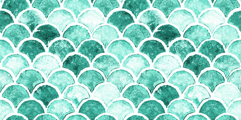 Emerald green sea wave geometric texture. Fish scale seamless pattern. Print for textile, wallpaper, wrapping.