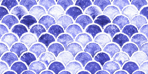 Blue sea wave geometric texture. Fish scale seamless pattern. Print for textile, wallpaper, wrapping. © Oleksandra