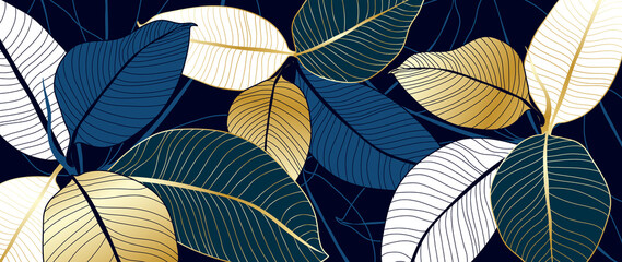 luxury gold and blue India rubber plant line art background vector. Flower boho style for textiles, wall art, fabric, wedding invitation, cover design Vector illustration.