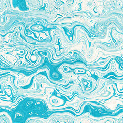 Aegean teal mottled swirl marble nautical texture background. Summer coastal living style home decor. Liquid fluid blue water flow effect dyed textile seamless pattern.