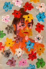 Original acrylic painting portrait of young woman with symbolic flowers on her face and torso. Beads acrylic painting.