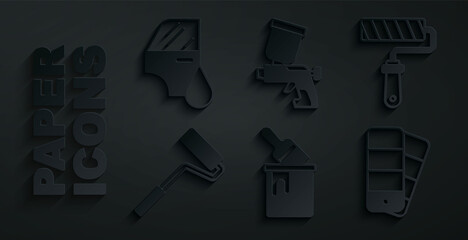 Set Paint bucket with brush, roller, Color palette guide, spray gun and Car painting icon. Vector