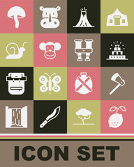 Set Lemon, Wooden axe, Chichen Itza in Mayan, Volcano eruption, Monkey, Snail, Mushroom and Binoculars icon. Vector