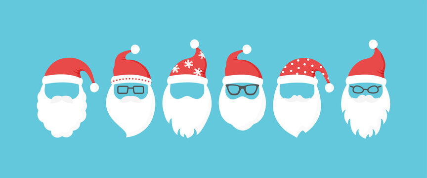 Santa Claus head, Christmas face vector icon, cute winter character with breard and hat. Holiday illustration on blue background