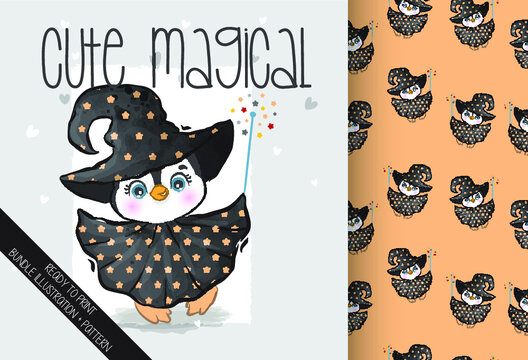  Cute animal penguin with witch costume seamless pattern: can be used for cards, invitations, baby shower, posters; with white isolated background

