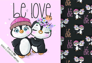 Cute animal lovely baby penguin seamless pattern: can be used for cards, invitations, baby shower, posters; with white isolated background
