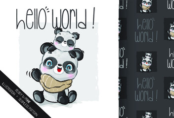 Cute animal baby pandas seamless pattern: can be used for cards, invitations, baby shower, posters; with white isolated background
 