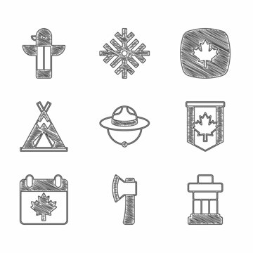 Set Canadian ranger hat, Wooden axe, Inukshuk, Pennant flag of Canada, day with maple leaf, Indian teepee or wigwam, and totem pole icon. Vector