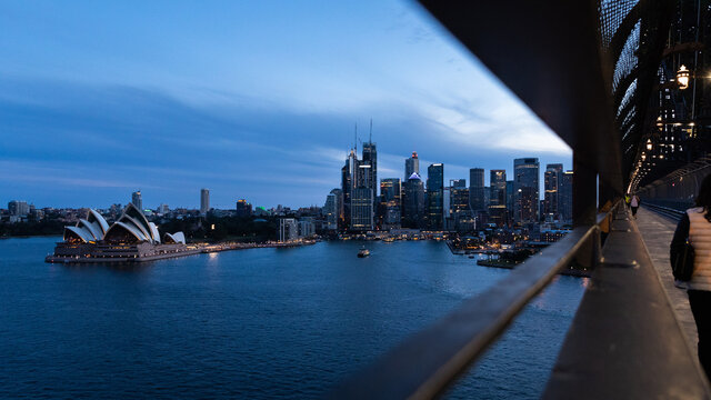 Sydney Skyline and Opera House from Harbour Bridge.
