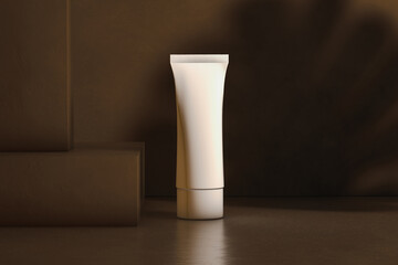 Still life of cosmetic pot on brown background