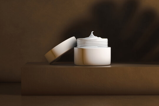 Still life of cosmetic pot on brown background