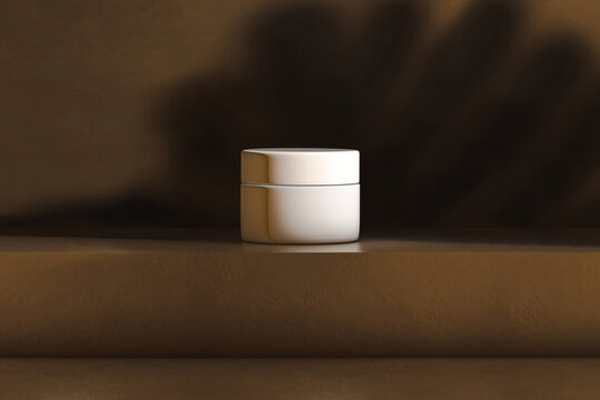 Still life of cosmetic pot on brown background