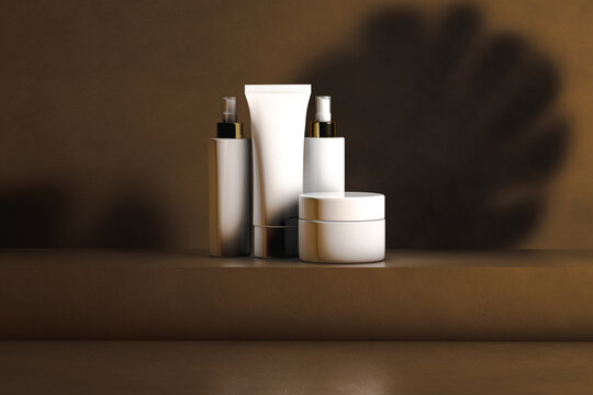 Still life of cosmetic pot on brown background