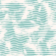 Fotobehang Aegean teal broken stripe seamless background with grunge wave texture. Summer coastal living style rustic grunge home decor fabric . Turquoise dyed washed and weathered textile repeat pattern. © Nautical
