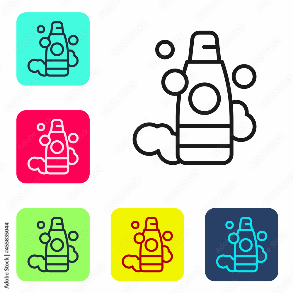 Poster black line bottle of shampoo icon isolated on white background. set icons in color square buttons. v