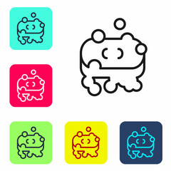 Black line Bar of soap with foam icon isolated on white background. Soap bar with bubbles. Set icons in color square buttons. Vector