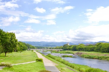 Fototapeta na wymiar Trees rustling by summer wind under the blue sky in public park nearby river, Kyoto, Japan