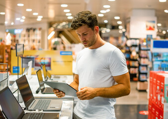 Client with tablet choosing gadgets in shop