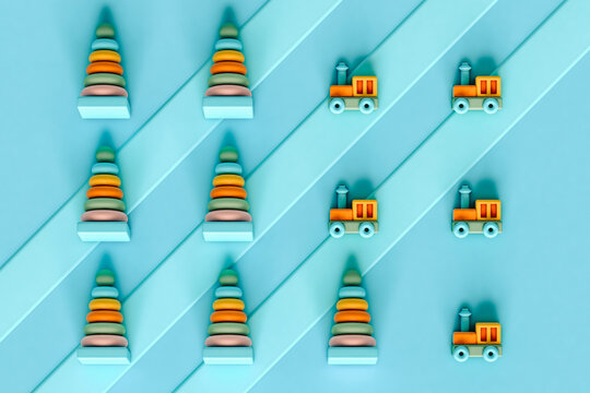 Kids toys organized on blue stripes