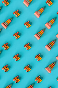 top-down view of Kids toys on blue background
